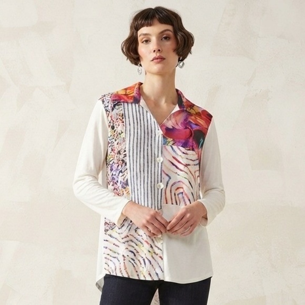Parsley & Sage Womens Artsy L Patchwork Abstract Print ButtonUp Shirt 3/4 Sleeve